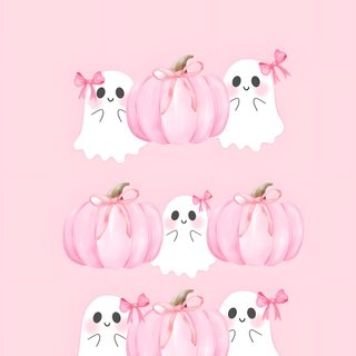 three pink pumpkins with black eyes and bows on them are arranged in the shape of ghost Pink Coquette Halloween Halloween Iphone Backgrounds, Halloween Backgrounds, Bow Iphone, misty rose