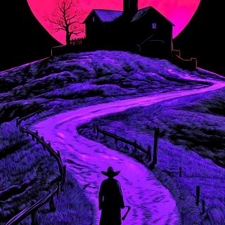 a painting of a person walking down a path towards a house with a pink sky in the background Vaporwave Halloween Phone Horror, Scary Purple Background, Neon Horror Background, Darksynth, indigo