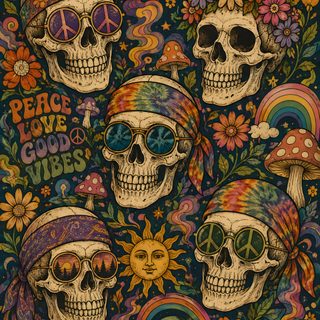 three skulls with hats and flowers in front of a peace sign, sunflowers and mushrooms Hippie Halloween dark olive green