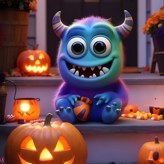 a blue monster sitting on the steps with pumpkins and candy in front of it Monsters Inc Halloween Monsters Inc Halloween, Pixar Halloween, Disney Halloween Monsters, dark olive green