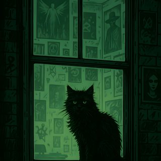 a black cat sitting on top of a window sill next to a green wall Halloween Black Cat Green Pasta Salad, Salad,