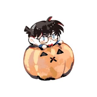 an anime character sitting on top of a pumpkin Detective Conan Halloween Meitantei Conan, Avatar Conan Chibi, Conan, Chibi Conan, Shinichi, white