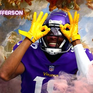a football player holding his hands up to his face with the words, just in jefferson Justin Jefferson Halloween Creative Football Poster Ideas, Football Player With Ok Gesture, Purple Football Jersey, dim gray