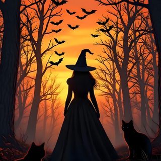a painting of a woman dressed as a witch with two cats Halloween Witch For Bedroom Happy Halloween Pictures, Witch Painting, Creepy Halloween Decorations, black