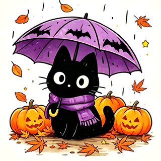 a black cat sitting under an umbrella surrounded by pumpkins Halloween Kawaii Cute Black Cat ivory