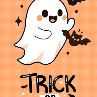a trick or treat poster with a ghost and bats on it's back ground Cute Halloween For Phone light salmon