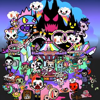 a group of cartoon characters standing in front of a building with lots of skulls on it Tokidoki Halloween Toki Doki Iphone, Tokidoki The Art Of Simone Legno, Tokidoki Pride Collection, dark slate gray