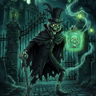 a skeleton with a top hat and cane in front of a gate holding a green bag Haunted Mansion Halloween Hatbox Ghost, Disney Haunted Mansion, Ghost Ship, dark slate gray