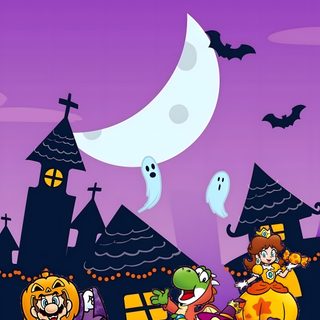 an animated halloween scene with pumpkins, witches and other characters in front of a full moon Halloween Mario Nintendo Halloween, Mario Winter, Mario Halloween Art, Super Mario Halloween Art, dark orchid