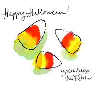 two orange and yellow flowers with the words happy halloween written in black ink on a white background Lilly Pulitzer Halloween Fall Lilly Pulitzer, Candy Corn Watercolor, Colorful Candy Corn Sketch, white