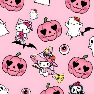 a pink background with lots of different cartoon characters and pumpkins on it's sides Pink Hello Kitty Halloween Hello Kitty Halloween, Pink Hello Kitty Iphone, Halloween Iphone Backgrounds,