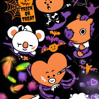 an image of halloween stickers in the dark Bt21 Halloween Bt21 Autumn, Bt21 Cooky Halloween, Bt21 Christmas, Bt21 Thanksgiving, Halloween Skzoo, black