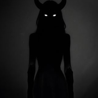 the silhouette of a woman in a dress with horns on her head and glowing eyes Halloween Black Lilith Silhouette, Shadow Woman Art, Female Shadow Monster, Tiefling Female Aesthetic,