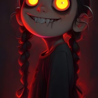 a drawing of a girl with glowing eyes and long hair, standing in front of a dark background Halloween Scary Cute Girl Creepy Smiling Cartoon Character, Scary Cartoon, Scary Pictures For Kids Cartoon, black