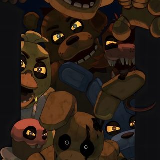 five different cartoon animals with glowing eyes and one has an evil look on his face Fnaf Halloween Fnaf Wall Papers, Five Nights Of Freddy, Fnaf 3 Fanart, Fnaf 1, Fnaf Drawing, Fnaf 2 Art, black
