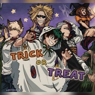 a group of anime characters standing in front of a purple background with the words trick or treat on it My Hero Academia Halloween Cute Mha Halloween, Mha Halloween, Mha Characters In Halloween Costumes, dim gray