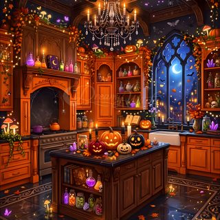 a kitchen decorated for halloween with pumpkins and candles Halloween Kitchen maroon