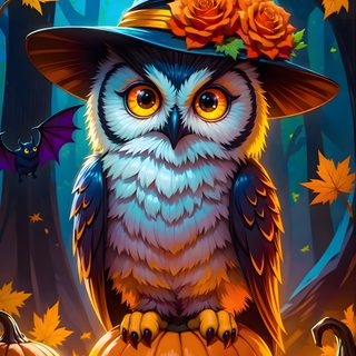 an owl wearing a witches hat and sitting on pumpkins in the woods with bats Halloween Owl Cute Owls, Halloween Cards Handmade, Adult Halloween Party, Halloween Iphone, dark olive green