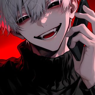 an anime character holding a cell phone to his ear and looking at the camera while smiling Halloween Anime Boy Anime Crazy Smile, Anime Guys, Character Art, dark slate gray