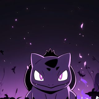 a cartoon character sitting in front of a purple background with bats and pumpkins on it Halloween Bulbasaur Sagittarius, Dark Pokémon, Pokemon Umbreon, Pikachu, Cool Pokemon, Disney Phone, black