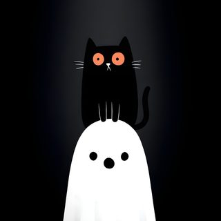a black cat sitting on top of a white ghost in the dark with orange eyes Minimalist Halloween Phone Cat Halloween, Silly Skeleton, Seasonal Makeup, Halloween Cute, black