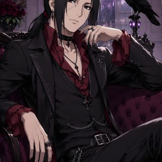 a man sitting on top of a chair next to a bird Itachi Uchiha Halloween Itachi Vampire, Yin Yang Art, Naruto Uzumaki Art, Dark Gothic, Itachi Uchiha, black