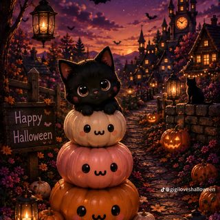 a black cat sitting on top of pumpkins in the middle of a halloween scene Kawaii Halloween Halloween Kawaii Cute Black Cat Pumpkin Cat Aesthetic, Cute Cat Halloween, Pumpkin Cat,
