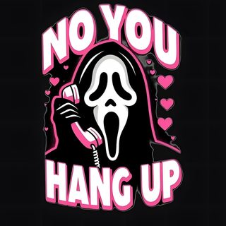 a sticker with the words no you hang up in pink and black on it Cute Halloween Ghostface Scream Door Ideas, Pink Ghostface Sticker, Scream Movie Images, Cute Scream, black