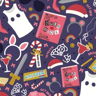 the pattern is very colorful and has various items on it, including t - shirts Mean Girls Halloween Christmas Background Mean Girls, Mean Girls Pattern, Mean Girls Halloween, dark slate gray