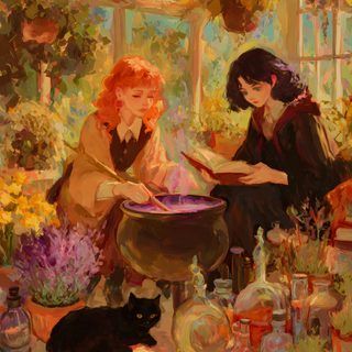 two women sitting in a room with flowers and plants on the floor next to a black cat Sapphic Halloween Witch Yuri, Fantasy Wlw, Witch Friends, Witch Girlfriend Aesthetic, sienna