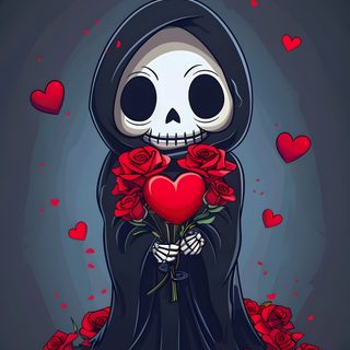 a skeleton holding roses in its hands with hearts floating around the ground and on top of it Halloween Valentines Gothic Iphone, Goth Valentines Day, Pink Skeleton, Gothic Valentines Day, dark slate gray