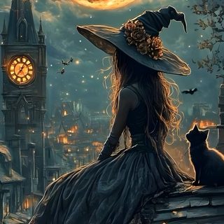 a woman sitting on top of a roof next to a cat under a full moon Beautiful Halloween Witch Witch Painting, Witch Pictures, Beautiful Witch, Fairy Pictures, dark slate gray