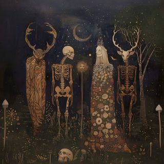 a painting with skeletons and mushrooms in the background Pagan Halloween Art With Skeletons, Dark And Whimsical, Creepy Whimsical Aesthetic, dark slate gray