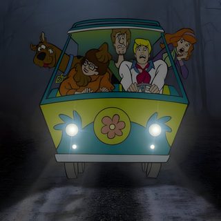 an animated car driving down a road in the dark with people on it's roof Show Me Halloween Scooby Doo Pictures, Monster High Barbies, Scooby Doo Mystery Inc, dark slate gray