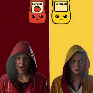 two people standing next to each other in front of a yellow and red wall with the words ketchup on it Matching Stranger Things And Halloween Characters Stranger Things Duo, Best Friend, Stranger Things 2, maroon