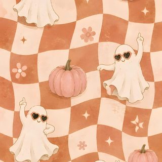 an image of some cartoon characters on a checkered tablecloth with pumpkins and flowers Halloween Checkered Cute Ghost, Phone Lock, Retro Background, Pink Pumpkins, Heart Sunglasses, wheat