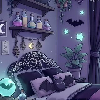 a bedroom decorated in purple and green with halloween decorations Halloween Witch For Bedroom Spooky Phone, Kawaii Spooky Background, Spooky Bedroom Drawing, dark slate blue