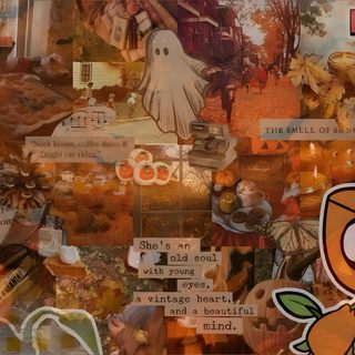 a collage of stickers and pictures on a wall Halloween Dandys World Dandys World Keyboard Background, Dandys World Keyboard, World Icon, sienna