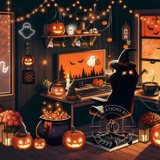 a room decorated for halloween with pumpkins and decorations on the walls, windows, and desk Halloween Gift Cozy Fall Workspace Setup, Fall Office Inspiration Ideas, Halloween Office Decor, dark slate gray