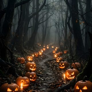 many pumpkins are lit up in the woods Halloween Pumpkin Path black