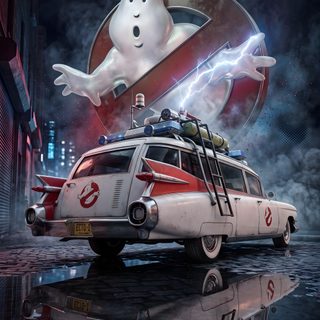 the ghostbus is driving down the street in front of a car Ghostbusters Halloween Ghostbusters, Ghostbusters 1984, Movie Artwork, Harry Potter Cartoon, dark slate gray