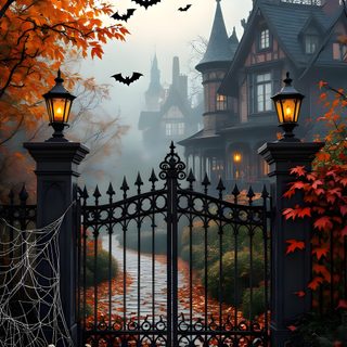 a gate that has some pumpkins on it in front of a house with bats flying around Halloween Town Gate Fall Castle, Halloween Mansion, Fall Haunted House, Halloween, dark olive green