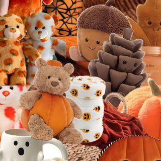 a collage of stuffed animals and pumpkins Jellycat Halloween chocolate