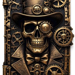 a skull wearing a top hat and bow tie with gears on it's face Halloween Steampunk Vintage Steampunk, Steampunk Skull Drawing, Steampunk Gears On Leather Background, dark olive green