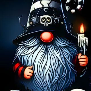 an image of a wizard holding a candle and skulls on the ground in front of him Halloween Gnomes 4 Halloween Gnome Ideas, Halloween Gnome Tattoo, Sugar Skull Gnome, Gnome Skull, black