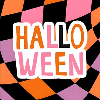 the word halloween written in white on an orange, pink and black background with diagonal stripes Create Halloween Phone chocolate