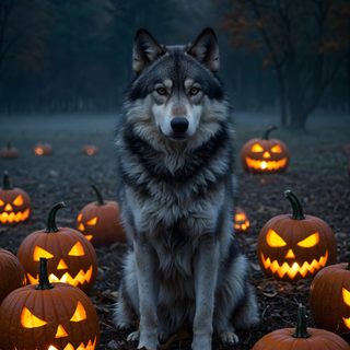 a wolf sitting in front of pumpkins with carved faces on it's face Therian Halloween Autumn Wolf, Halloween Animals Aesthetic, Fall Wolf, Spooky Wolf, dark slate gray
