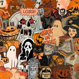 a collage of halloween stickers and pumpkins Halloweencore Computer Backgrounds Halloween, Halloween Chromebook, Halloween Macbook, Ipad Halloween, sienna