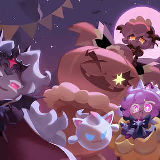 several cartoon characters are standing in front of a full moon and stars filled night sky Cookie Run Kingdom Halloween Crk Loading Screen Art, Cookie Run Ipad, Cookie Run Kingdom Ipad, dim gray