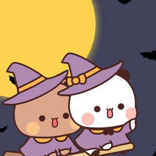 two cats dressed as witches flying in front of a full moon Bubu Dudu Halloween Bubu Dudu Halloween, Milk & Mocha, Halloween, Animated Gif, Pretty, dark slate gray